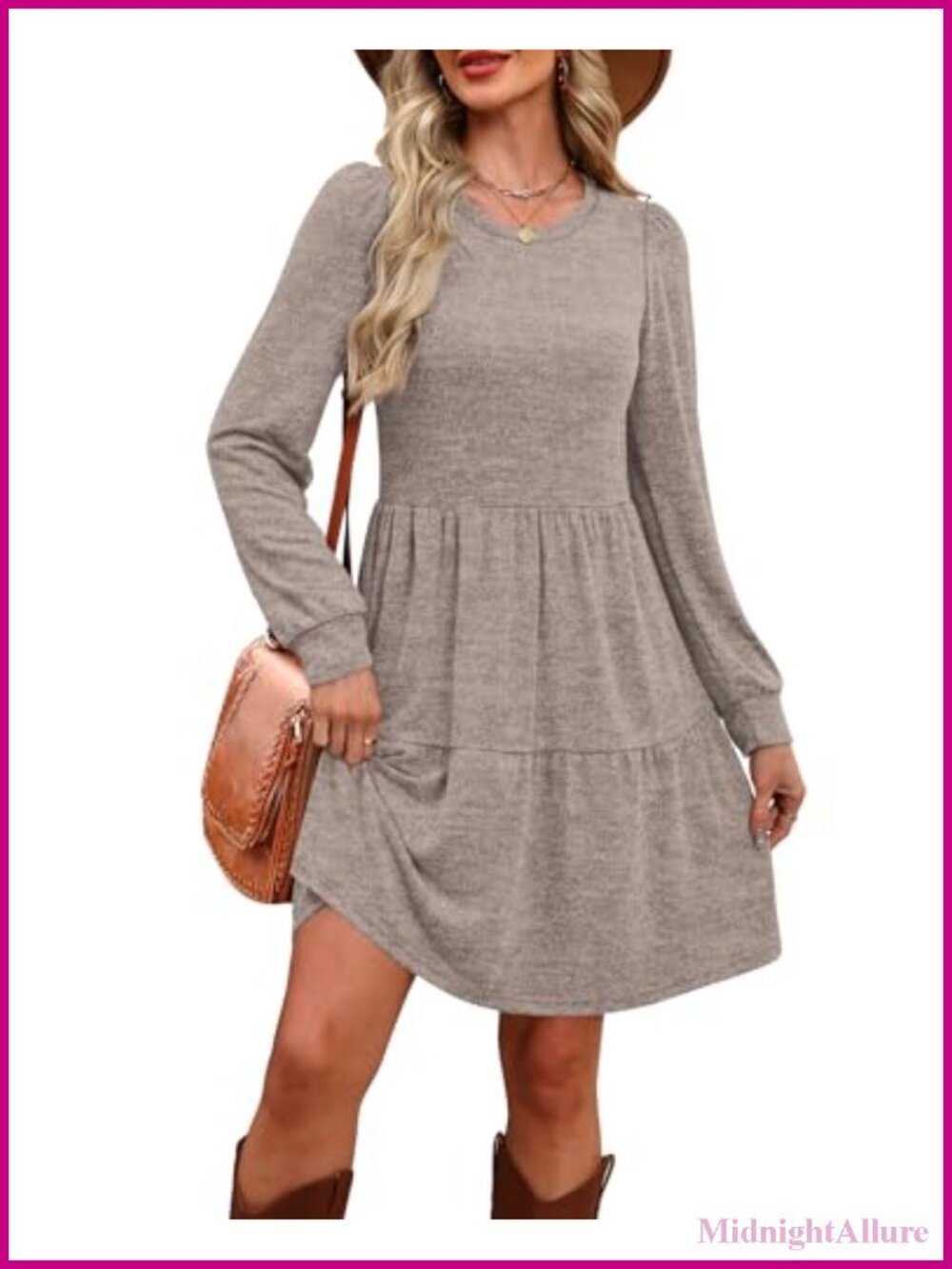 Long Sleeve Crew Neck Babydoll Dress with Pockets Tiered Skirt - Picture 2 of 6